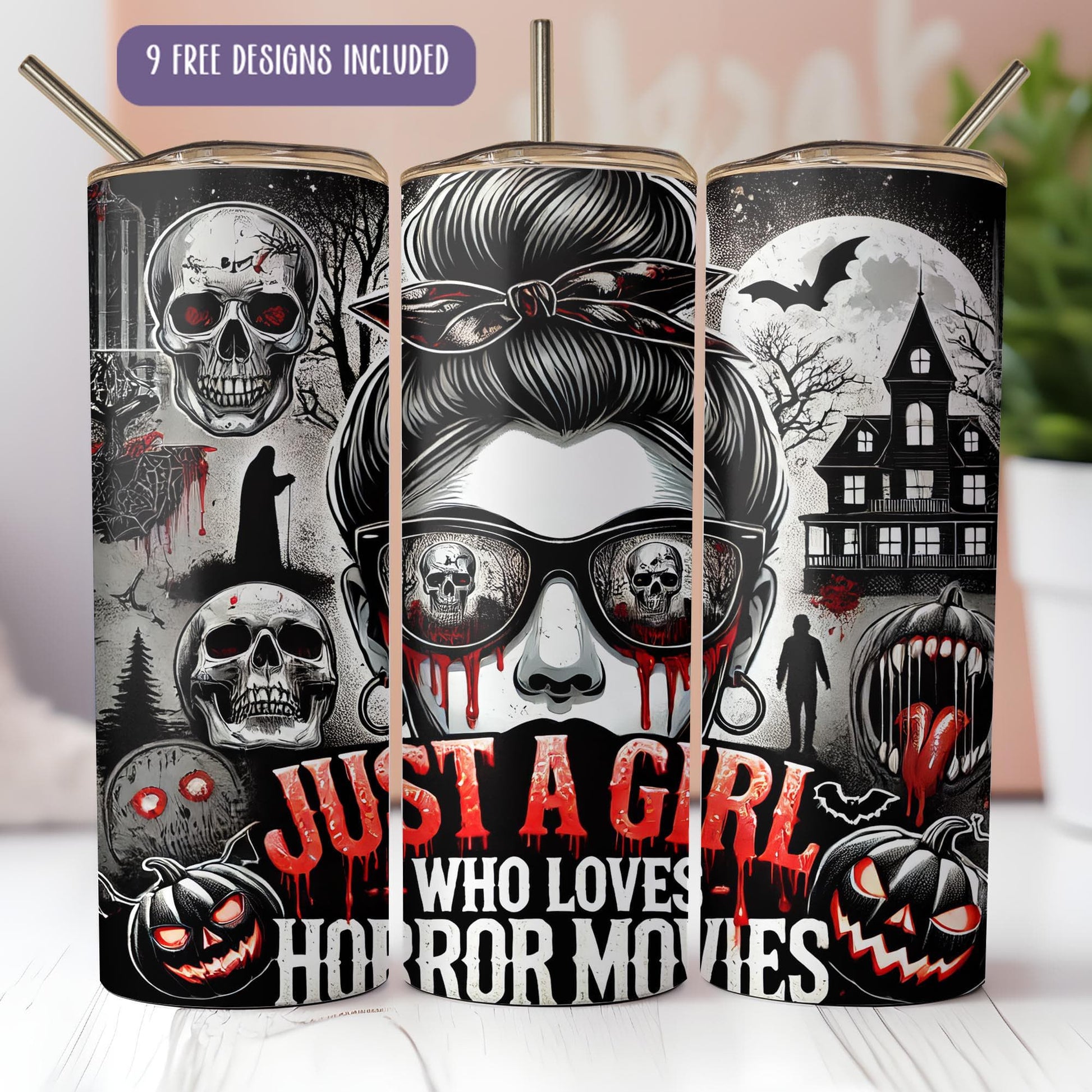 a set of three halloween candles with a woman's face and skulls on them