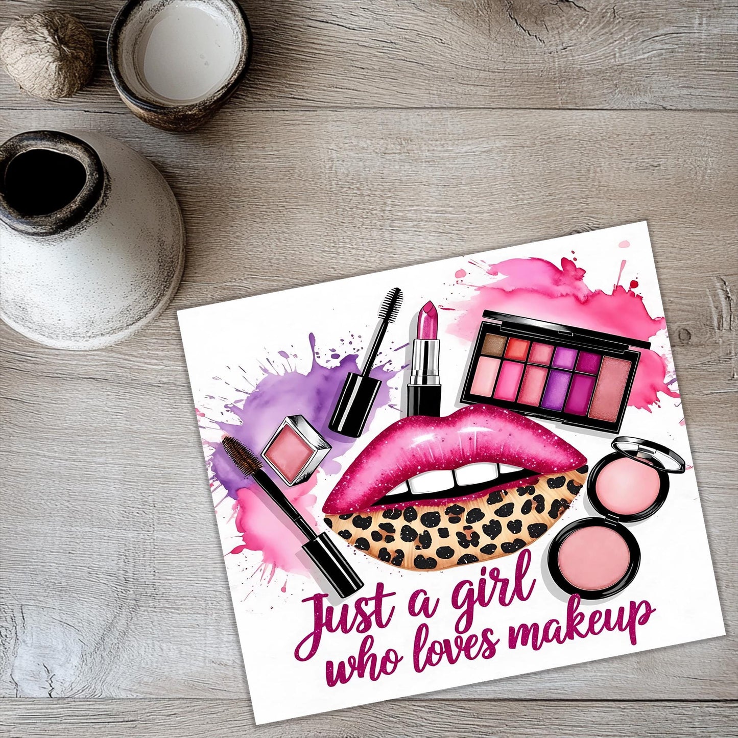 a card with a picture of a lipstick, leopard print, leopard print, and