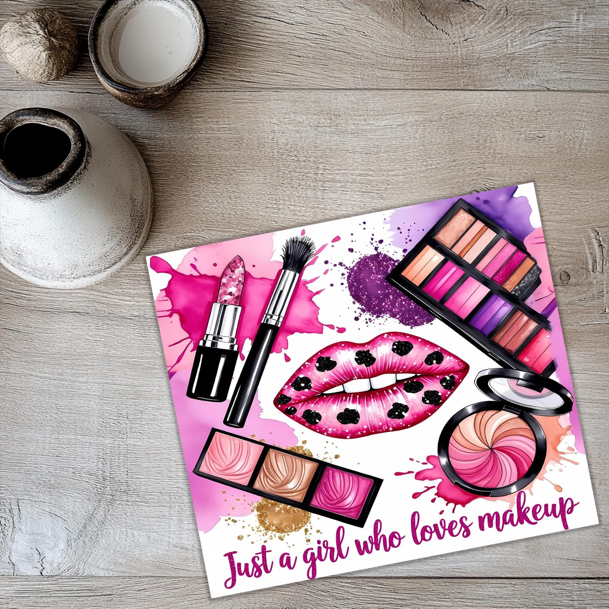 a card with a picture of lipstick and makeup