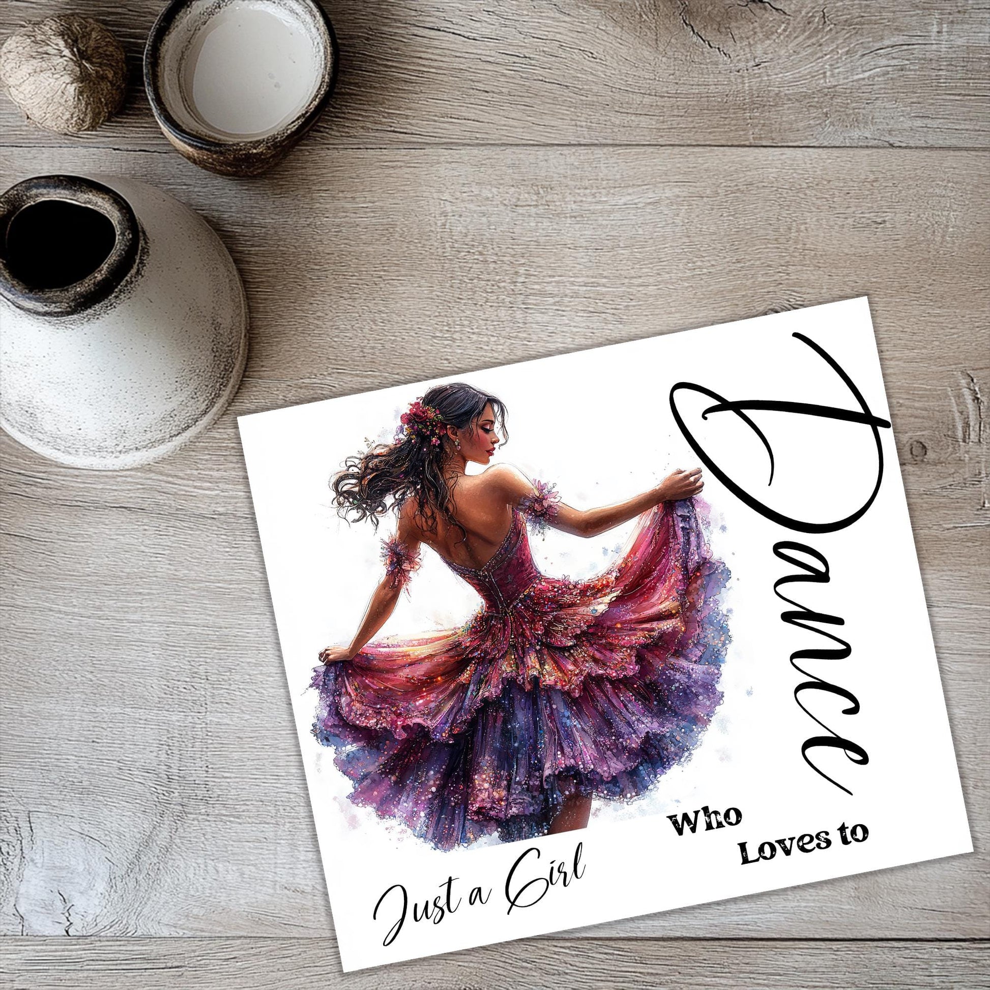a card with a picture of a woman in a dress