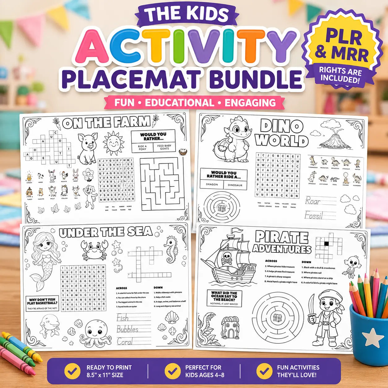 Kids Activity Placemat Bundle for Ages 4–8 | Printable Learning Activities | PLR & MRR Included | 10 Theme Pack