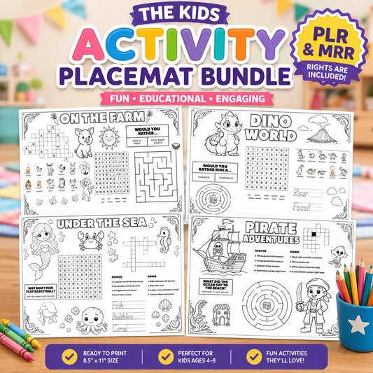 Kids Activity Placemat Bundle for Ages 4–8 | Printable Learning Activities | PLR & MRR Included | 10 Theme Pack