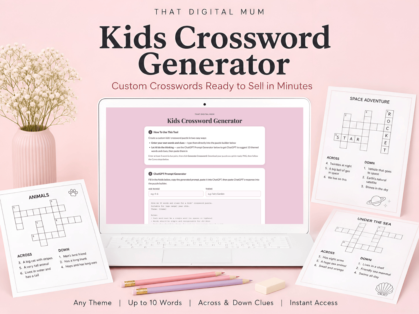 Kids Crossword Generator – Create & Sell Printable Crossword Puzzles with Clues & Answers (Commercial Use)