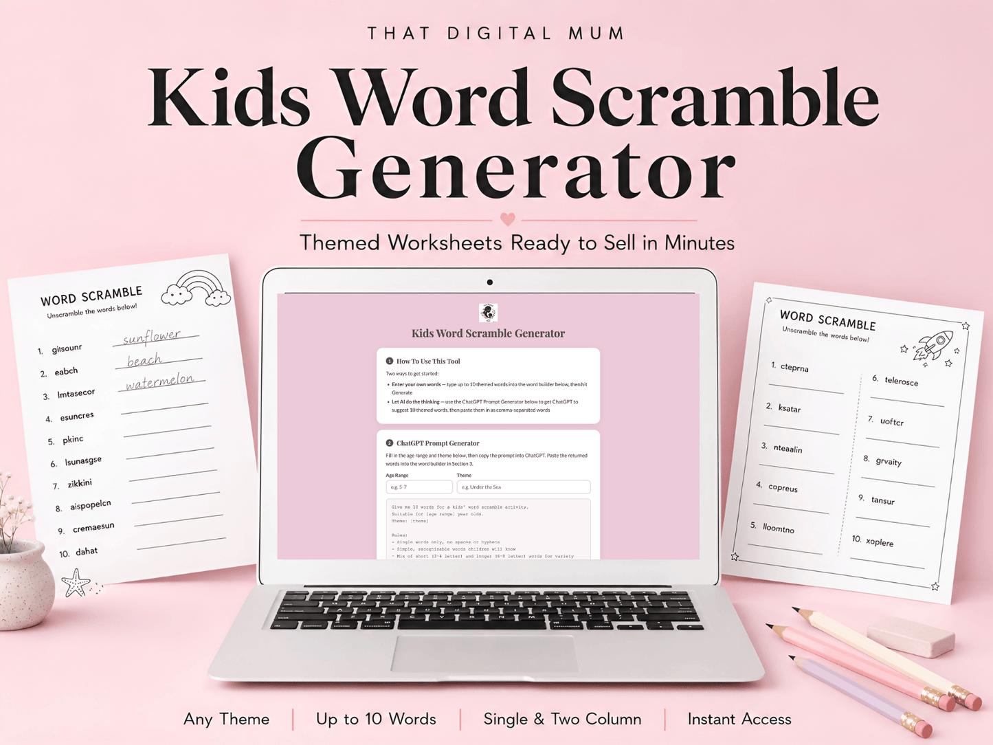 Kids Word Scramble Generator – Create & Sell Printable Worksheets with Answer Keys (Commercial Use)