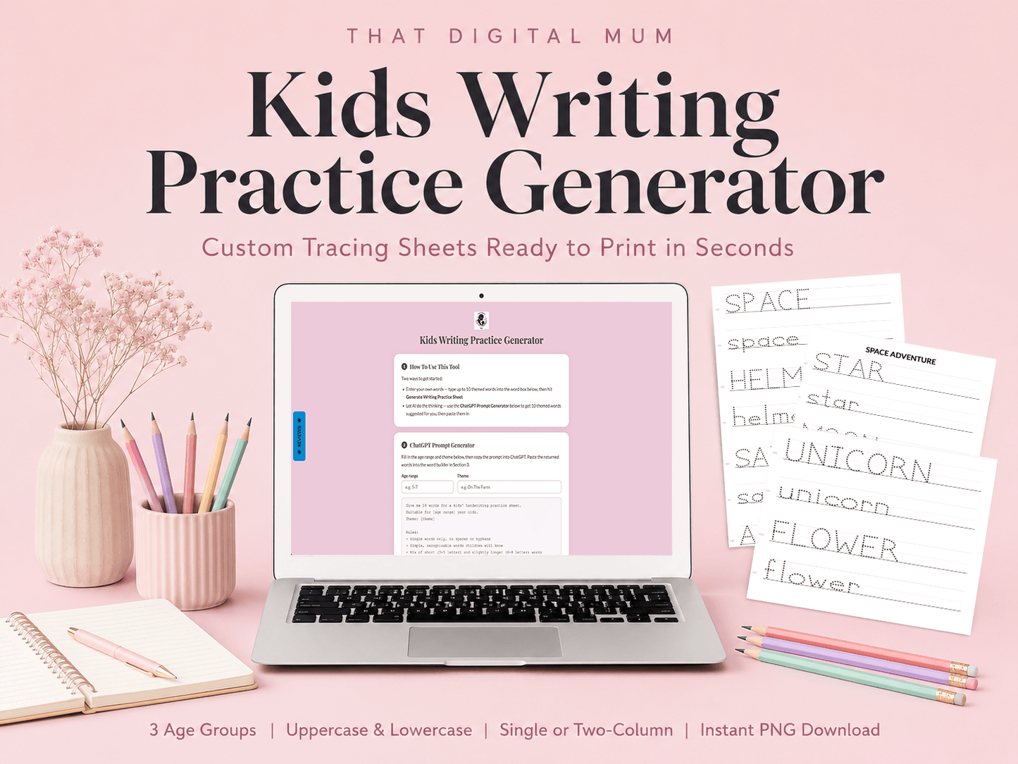 Kids Writing Practice Generator | Printable Handwriting Worksheet Tool | Custom Tracing Sheets for Kids