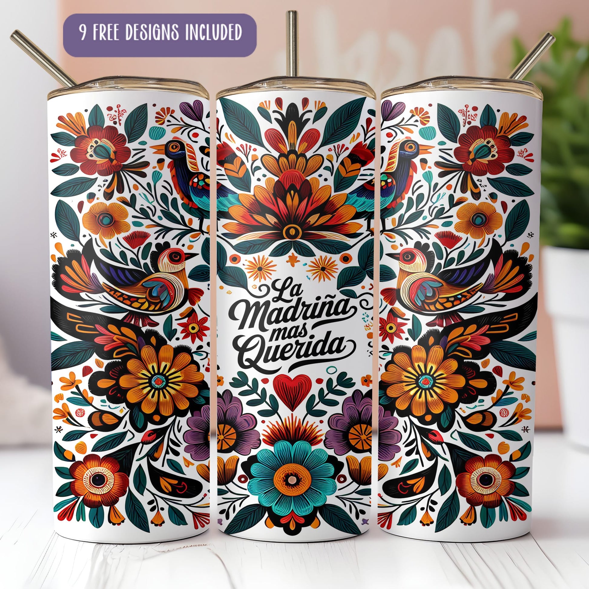 A colorful and intricate design of a tumbler or thermos with a floral and bird motif. The design includes various flowers, leaves, and birds in a vibrant and detailed style.