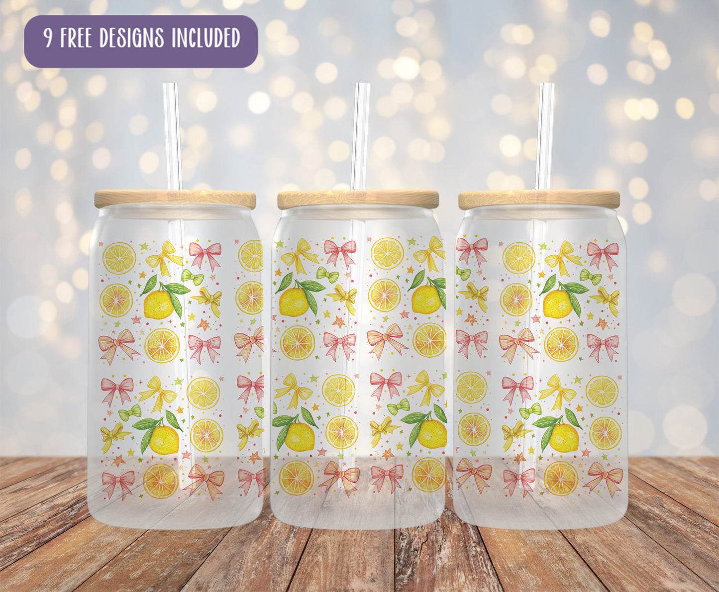 three lemons and bows are on the side of a mason jar