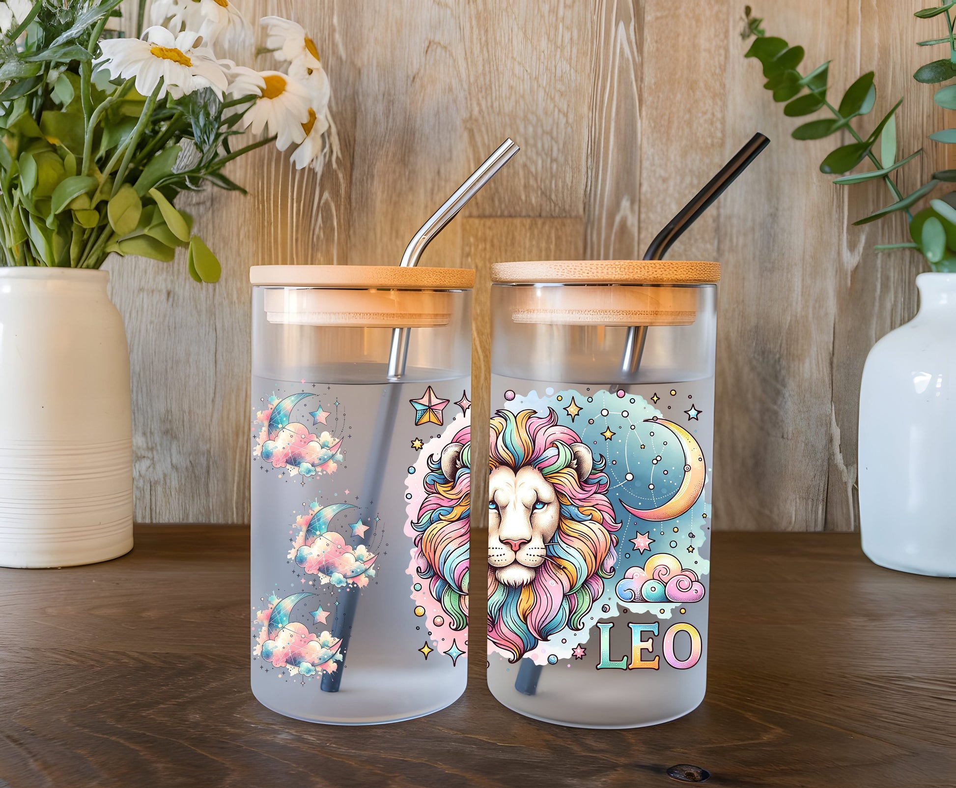 a couple of cups sitting on top of a wooden table