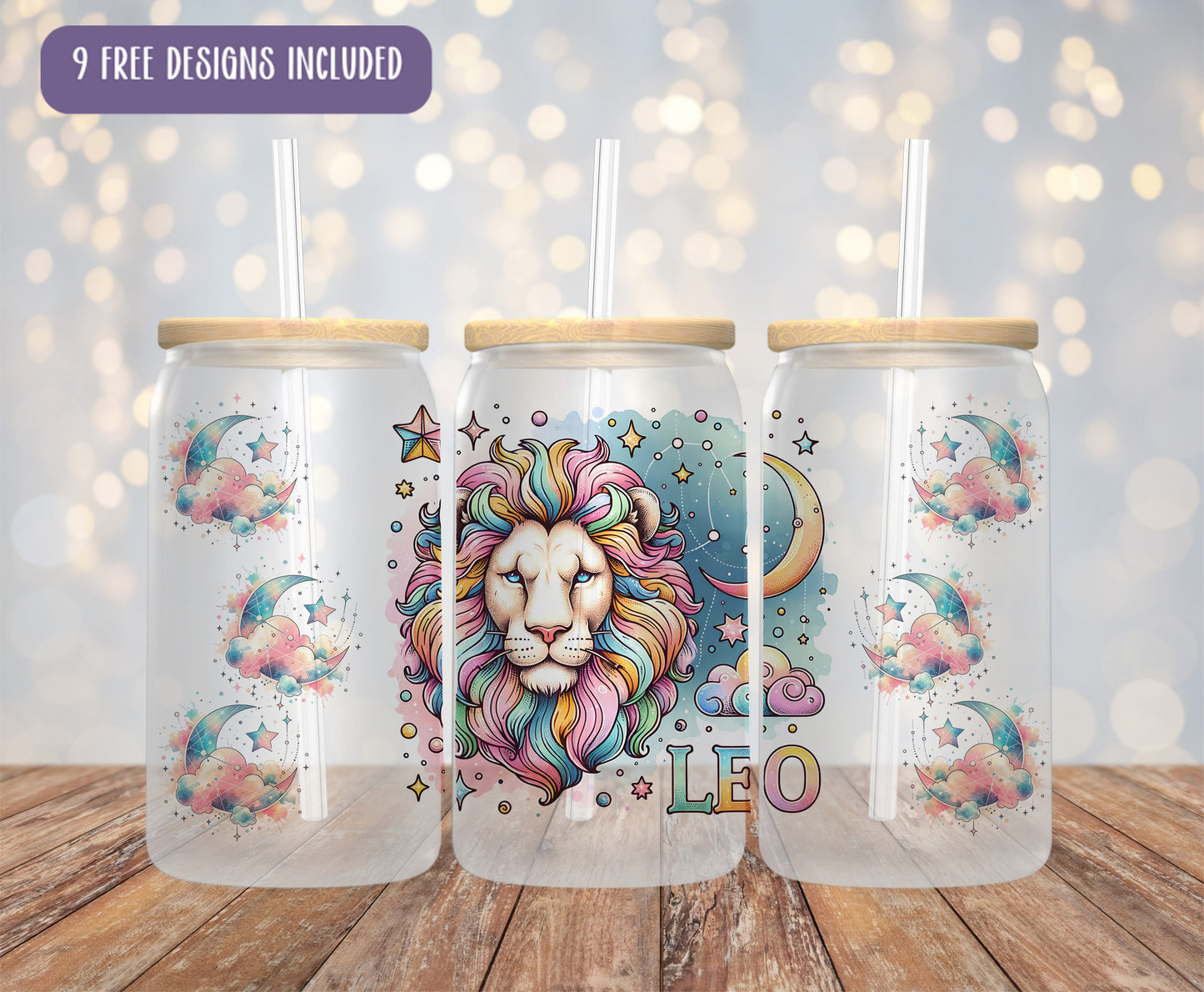 three plastic cups with designs on them sitting on a table