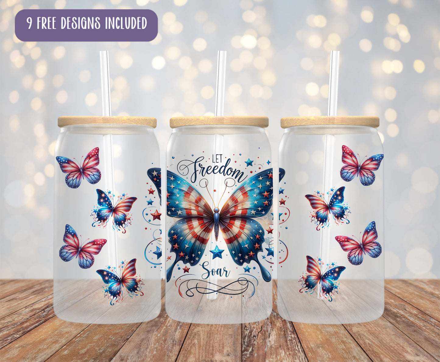 a set of three glass tumblers with butterflies on them