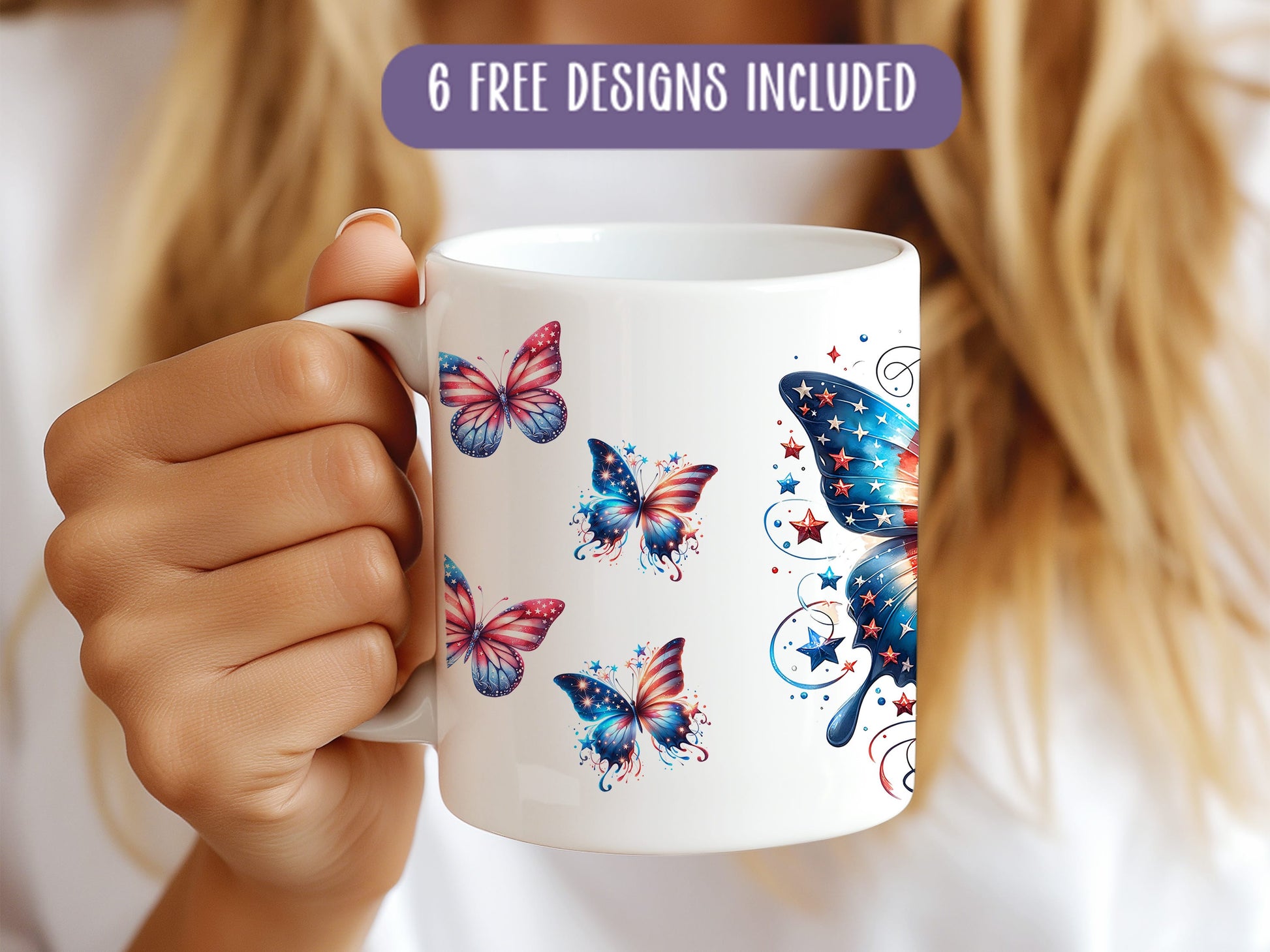 a woman holding a coffee mug with butterflies on it