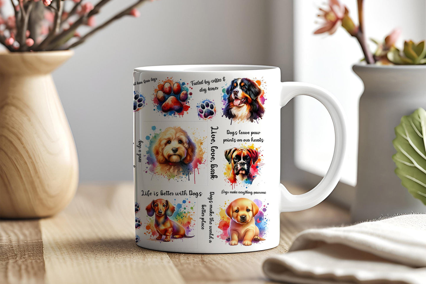 a coffee mug with a picture of a dog on it