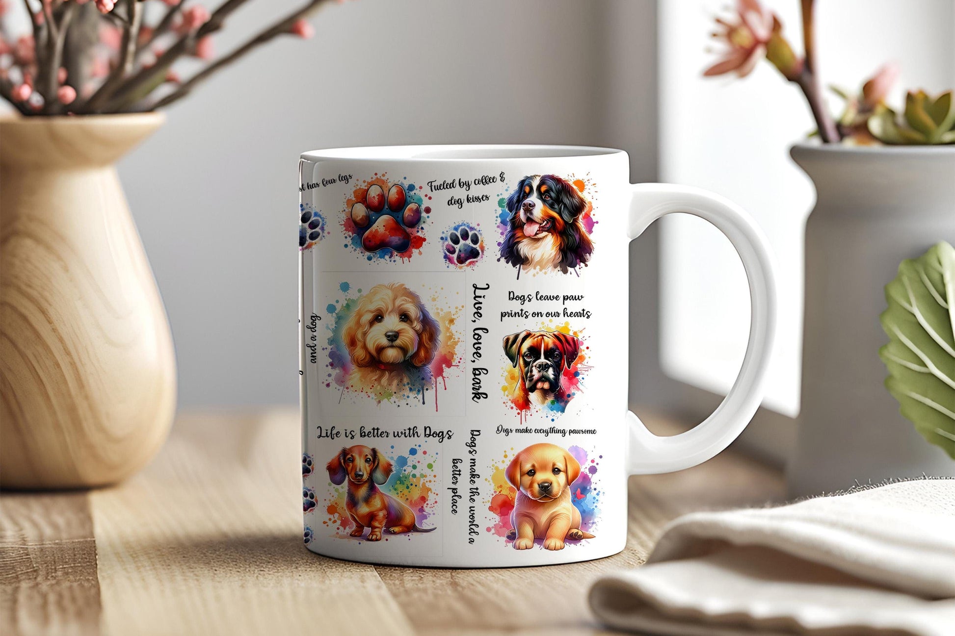a coffee mug with a picture of a dog on it