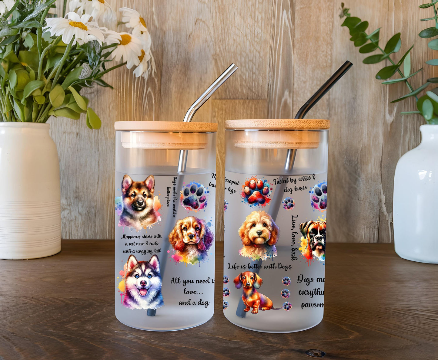 a couple of glass jars sitting on top of a wooden table