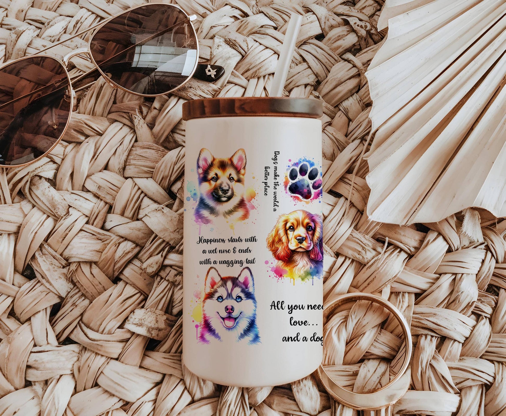 a coffee mug with a picture of two dogs on it