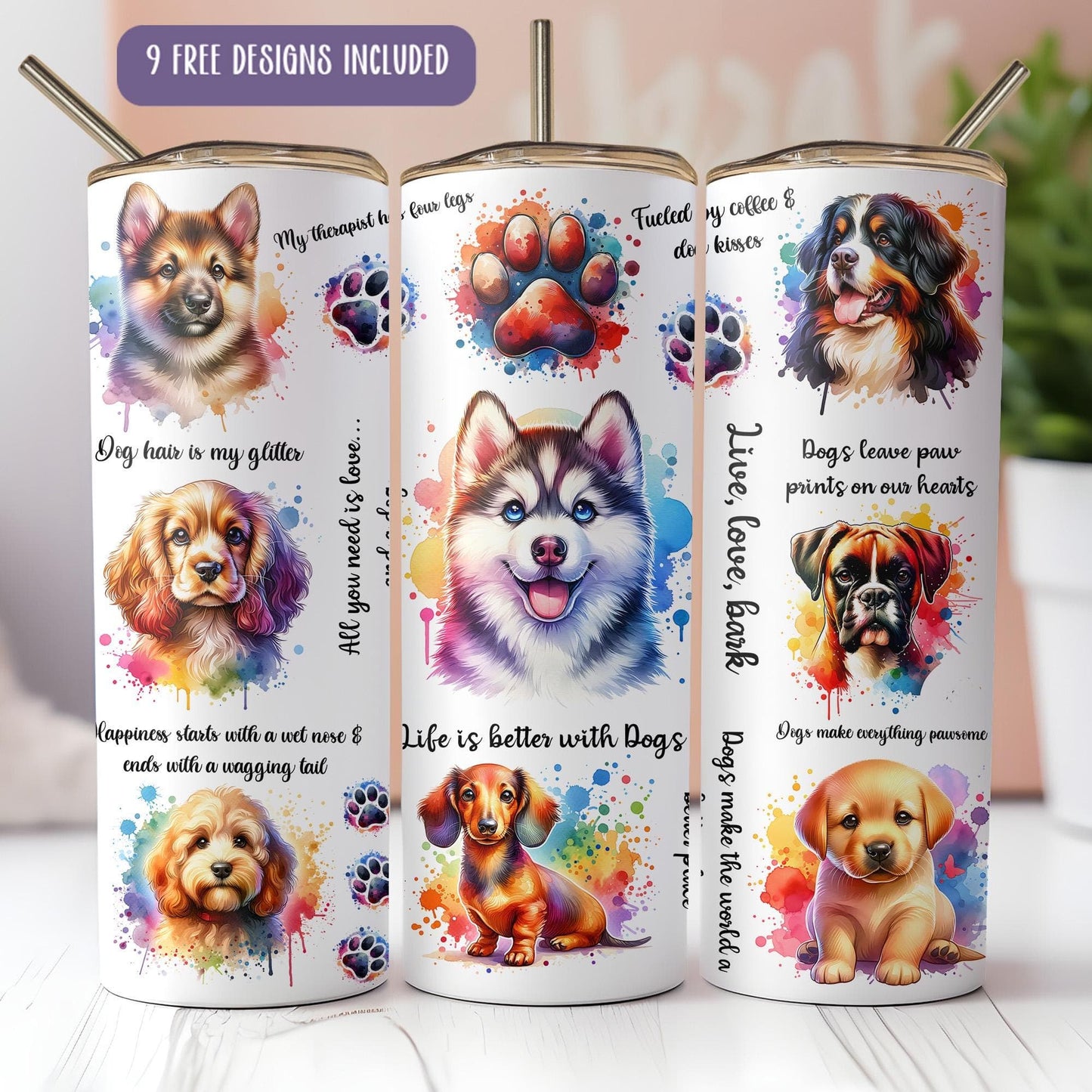 a group of three coffee mugs with dogs on them