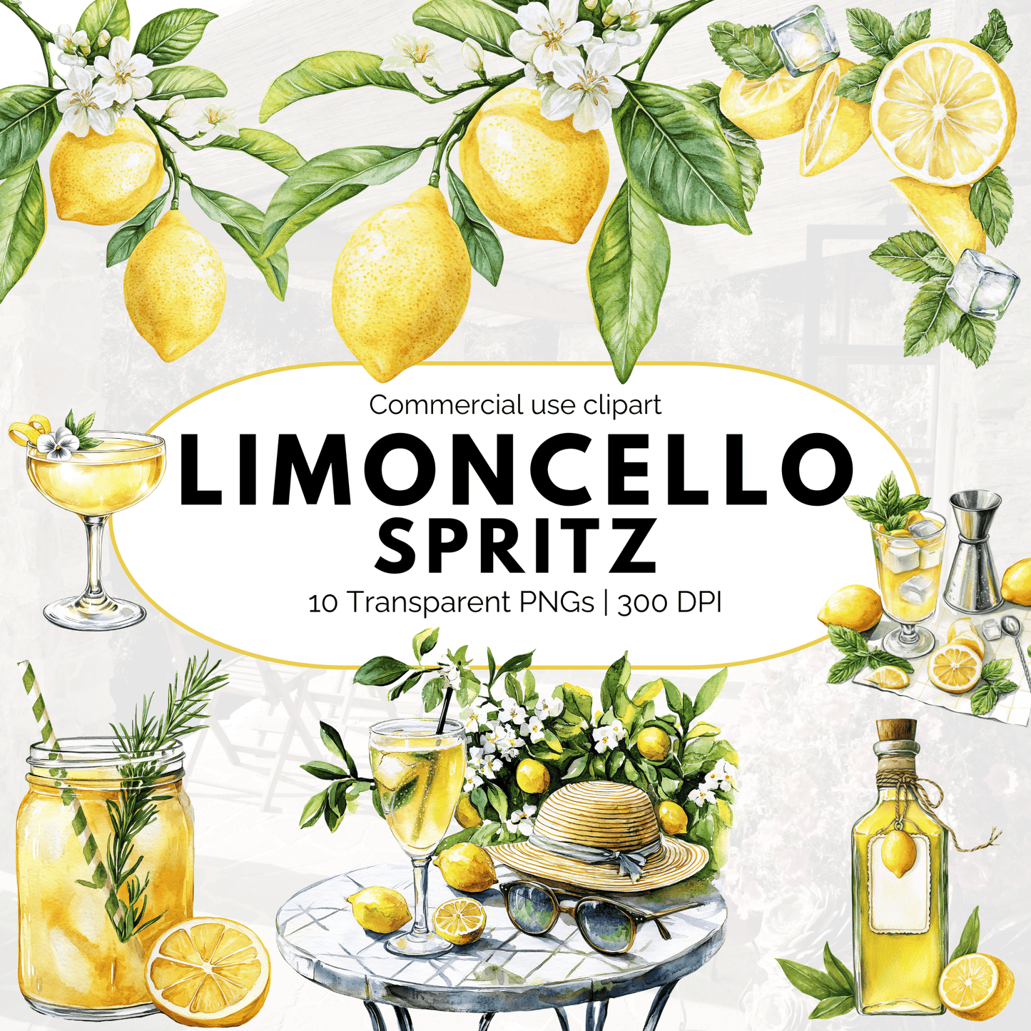 Limoncello Spritz Clipart PNG – Watercolor Summer Cocktail Digital Design