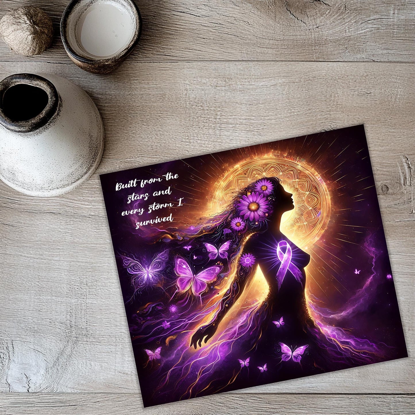 a card with a picture of a woman with butterflies on it