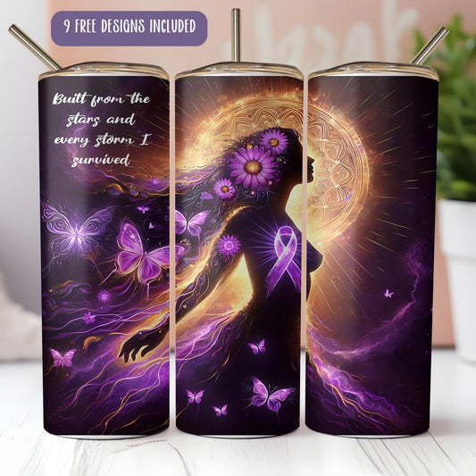 a purple tin with a picture of a woman and butterflies on it