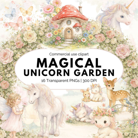 Magical Unicorn Garden Clipart Bundle, Watercolor Unicorn PNG for Kids Printables, Invitations & Sublimation