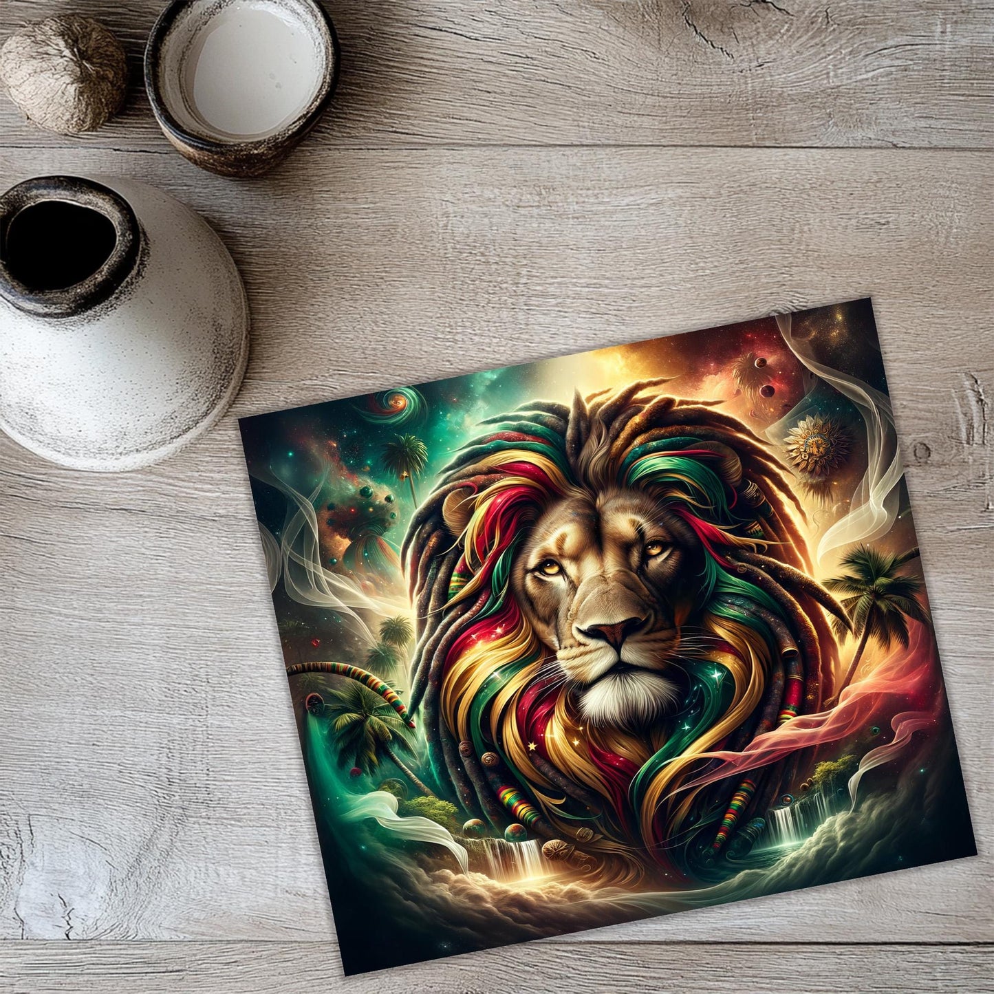 a picture of a lion on a table