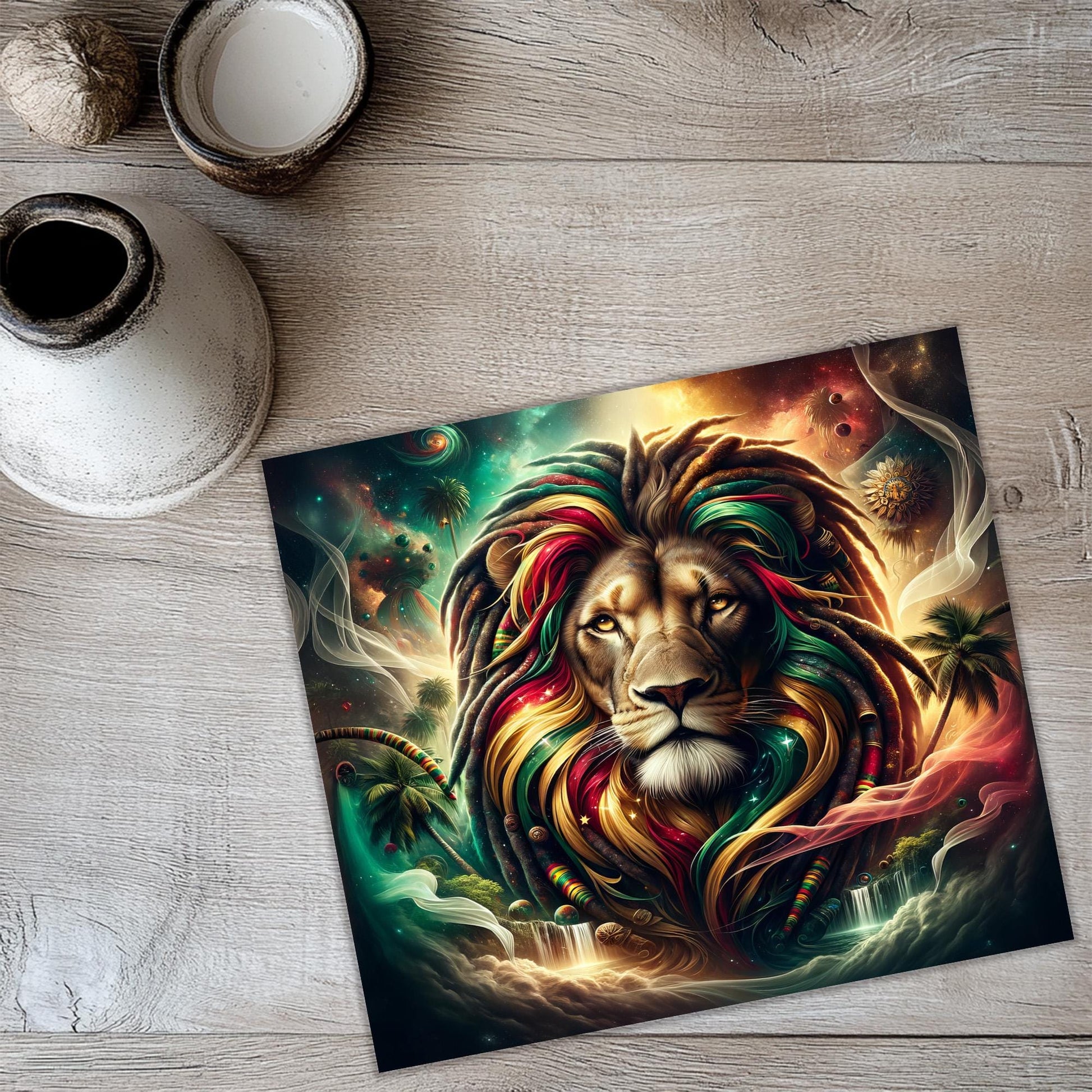 a picture of a lion on a table