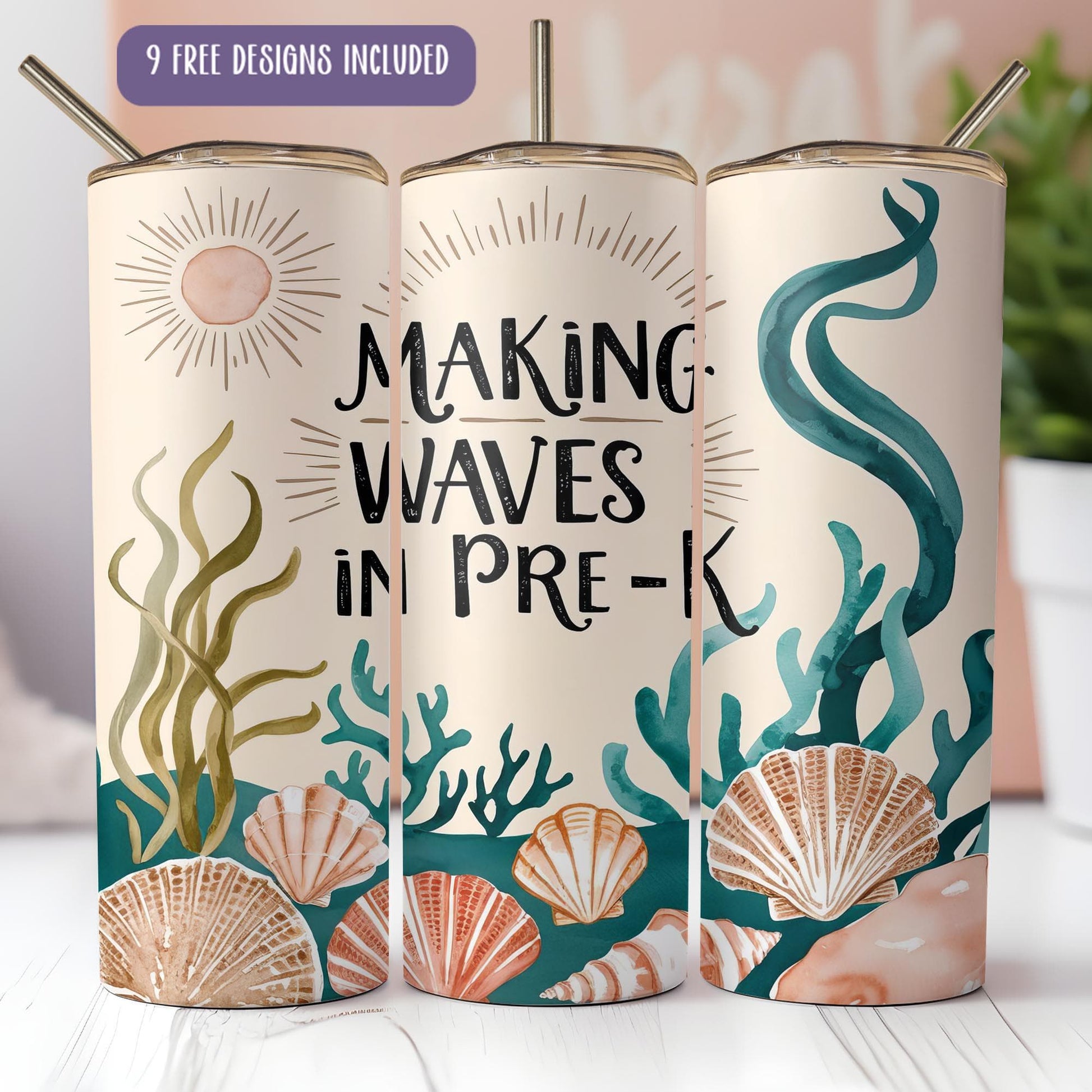 three matching tumbles with the words making waves in pre - k