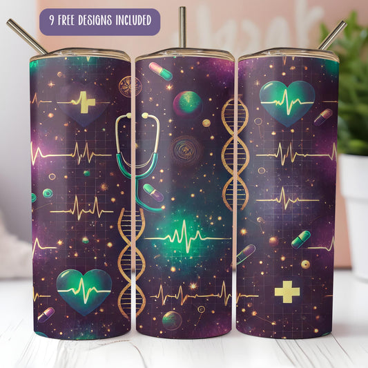a set of three travel mugs with medical symbols on them