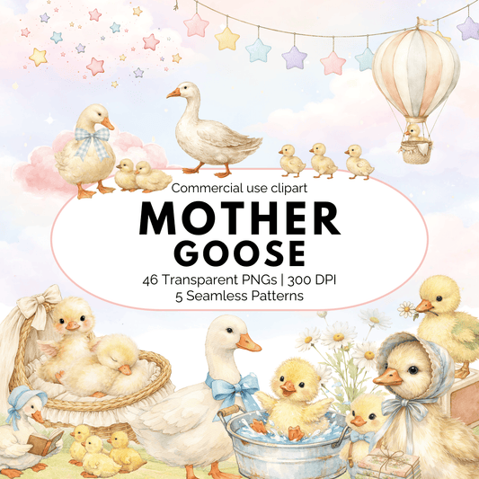 Mother Goose Clipart Bundle – Baby Duck PNG Graphics, Vintage Nursery Rhyme Clipart, Cute Kids Printable Design Pack
