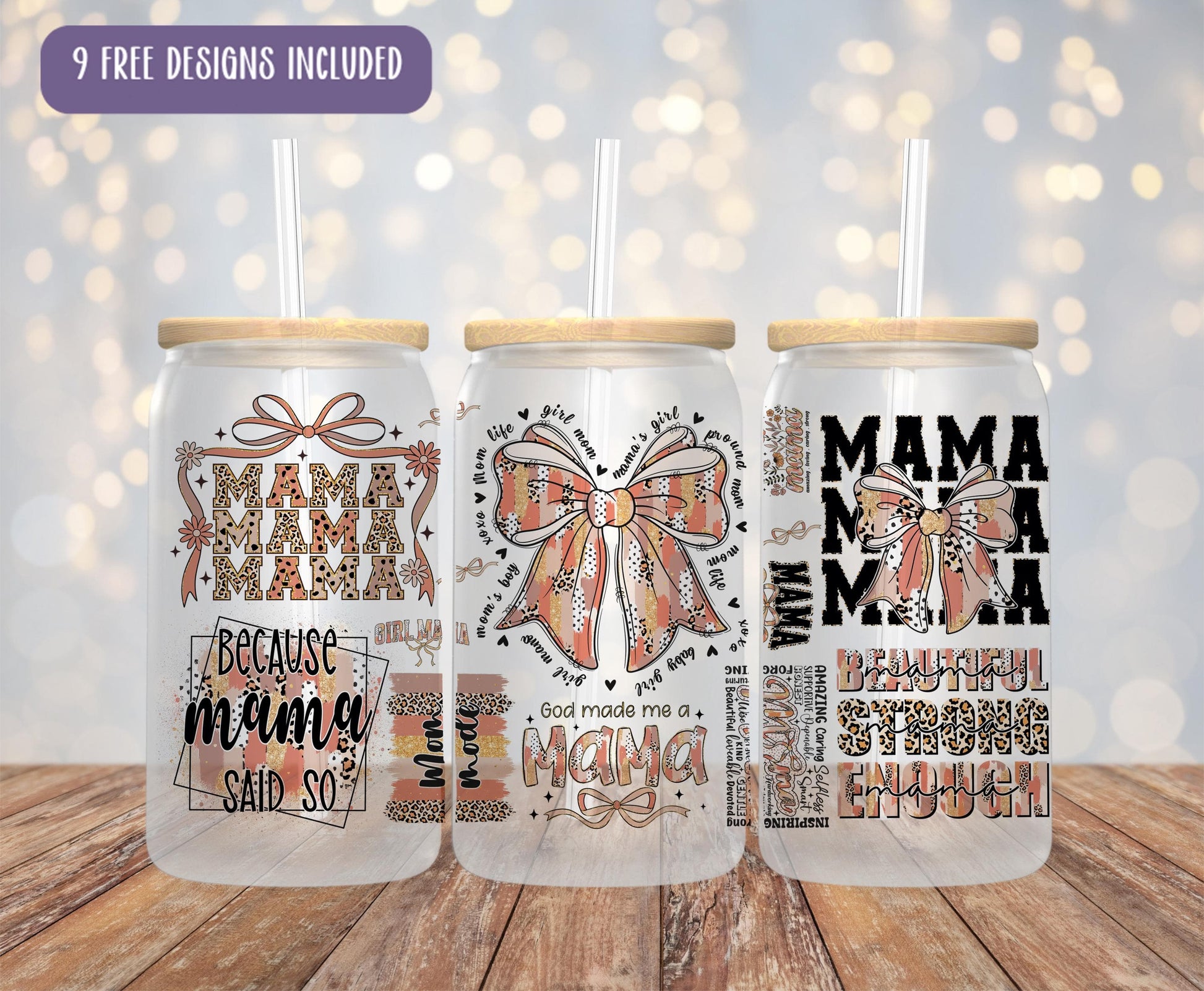 a set of three personalized tumblers with a bow