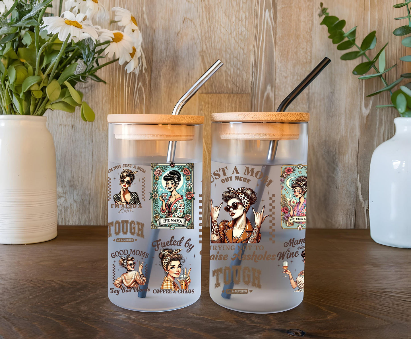 a couple of cups sitting on top of a wooden table