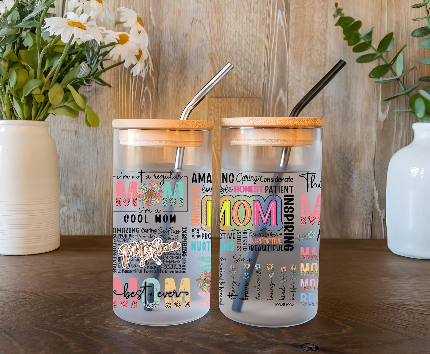 a couple of mason jars sitting on top of a wooden table
