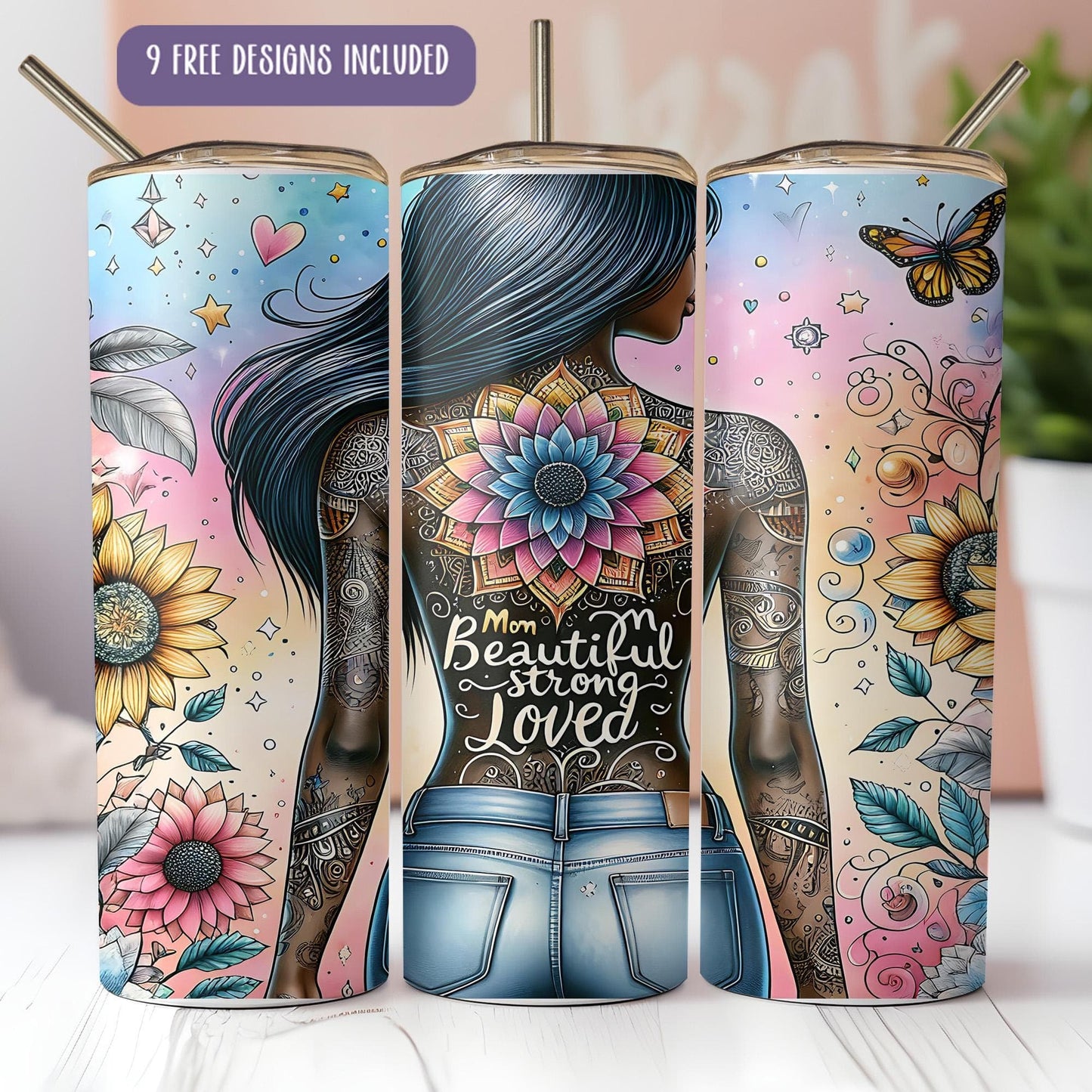 a set of three tumbles with a woman's body painted on them