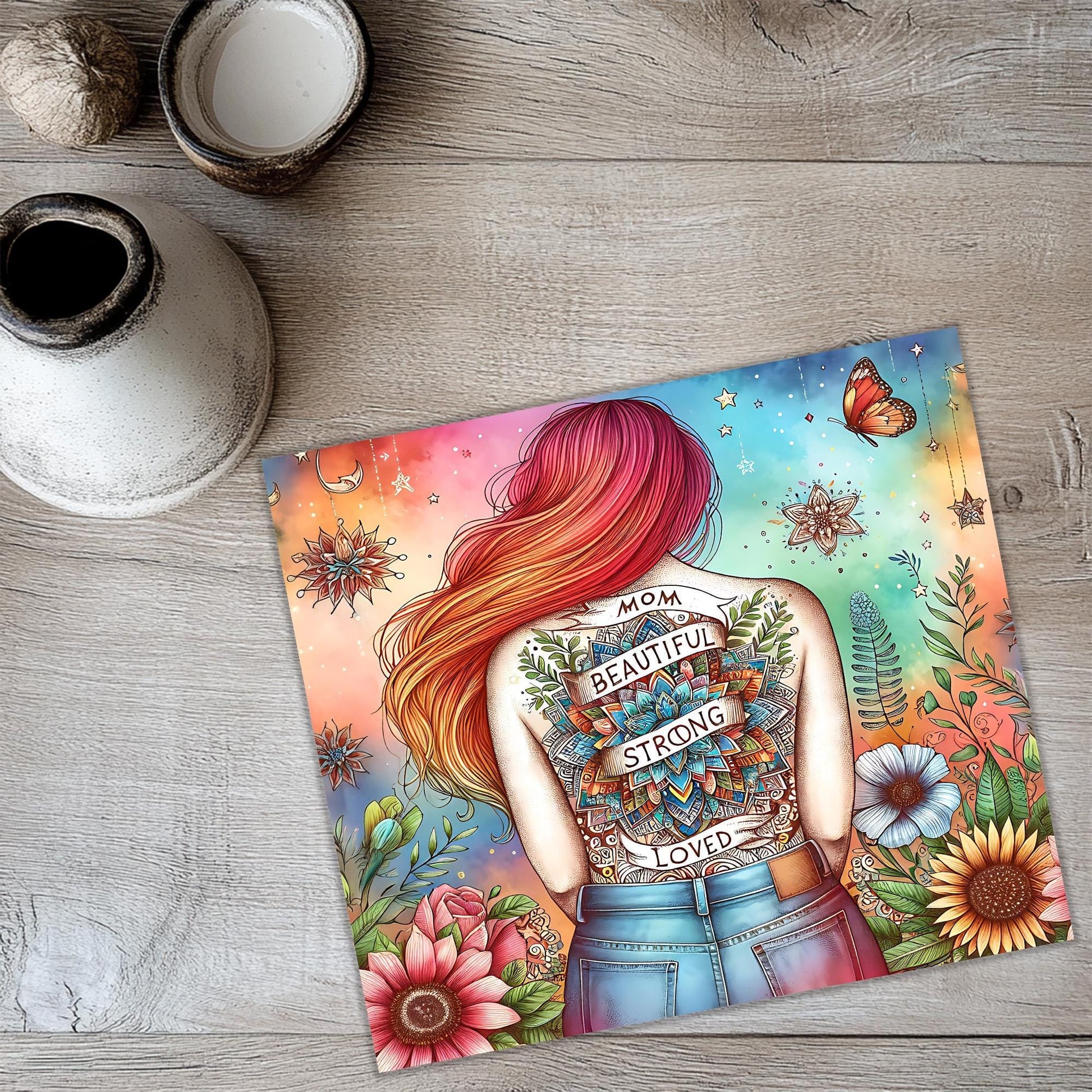a painting of a woman's back with flowers and butterflies