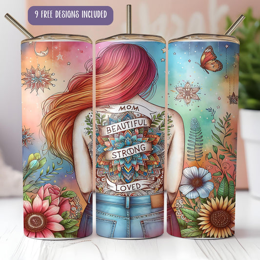 the back of a woman's back with flowers and butterflies painted on it