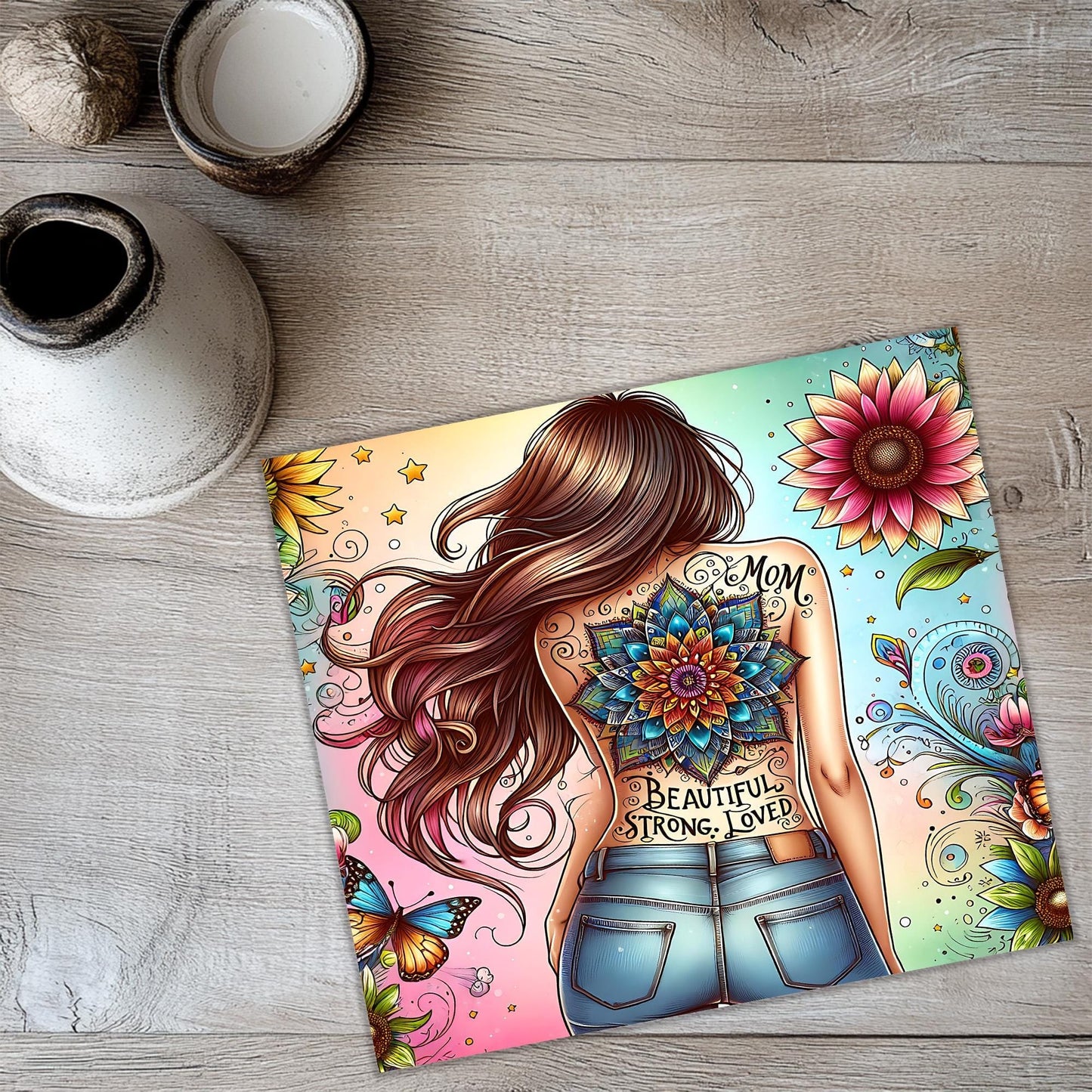a painting of a woman with a flower on her back