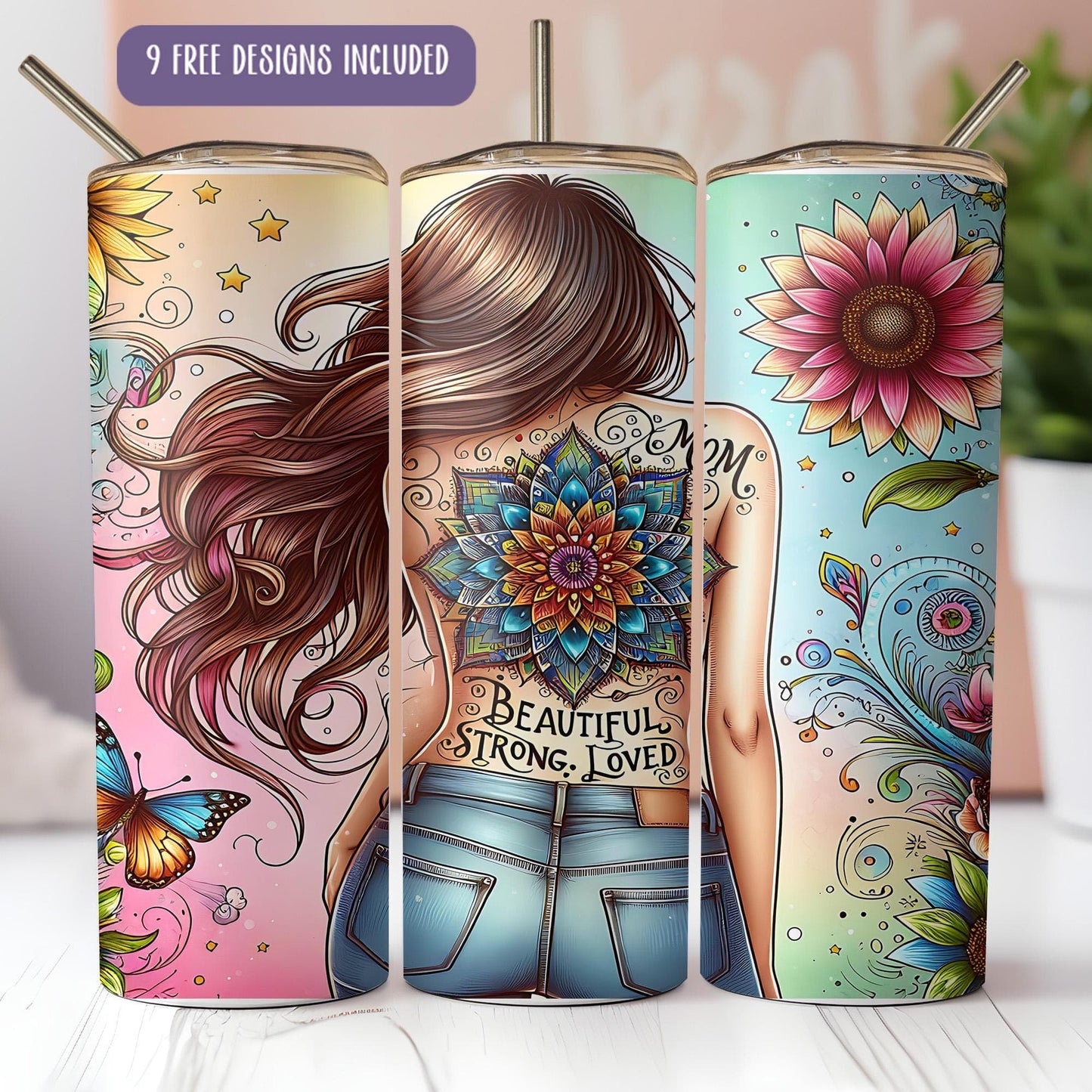 a woman's back with a flower and butterfly tattoo on the back of her