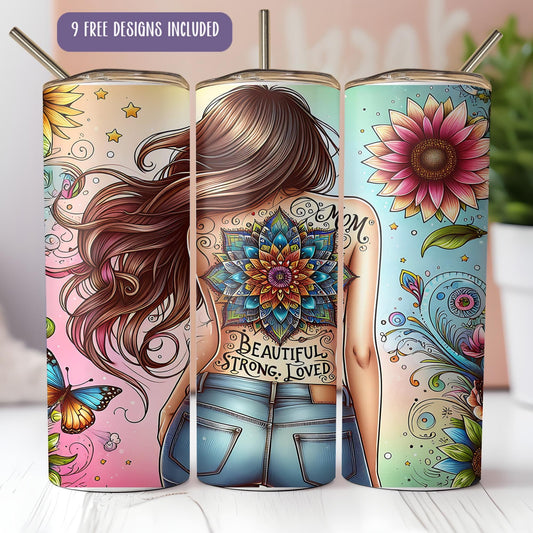a woman's back with a flower and butterfly tattoo on the back of her