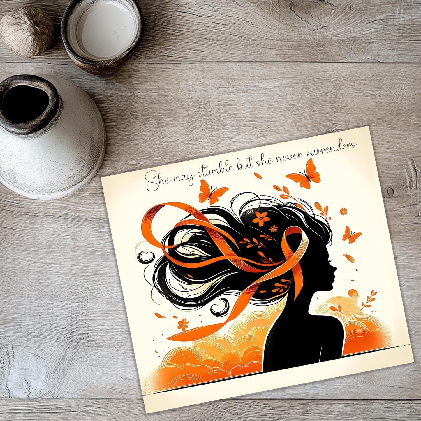 a card with a picture of a woman's hair and butterflies