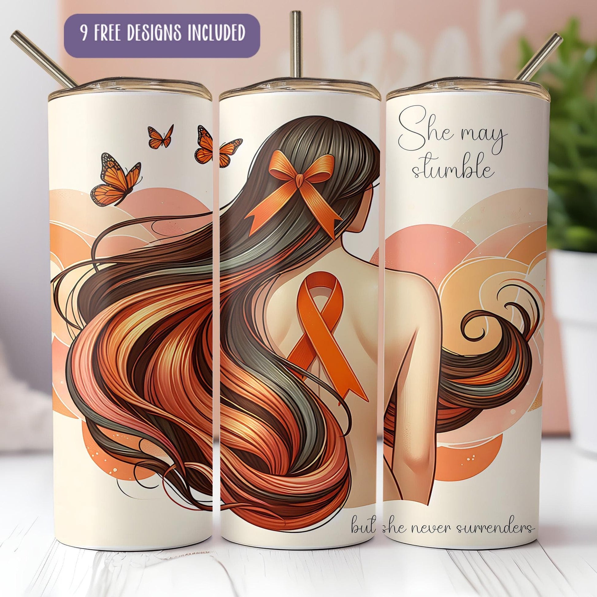 a pair of coffee mugs with a woman's hair and butterflies on them