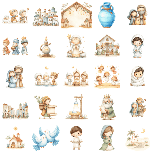 Nativity Watercolor Clipart Bundle | 50 Commercial Use Christmas PNGs
