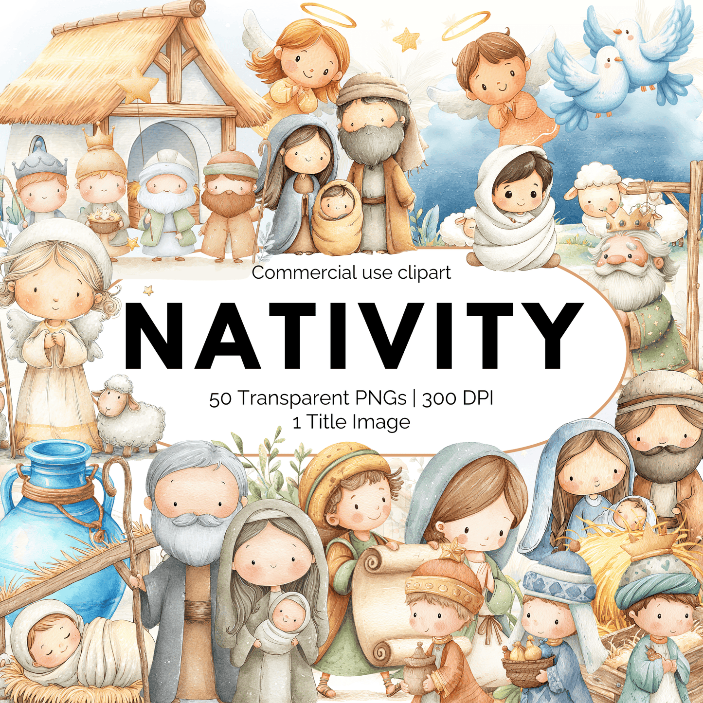 Nativity Watercolor Clipart Bundle | 50 Commercial Use Christmas PNGs