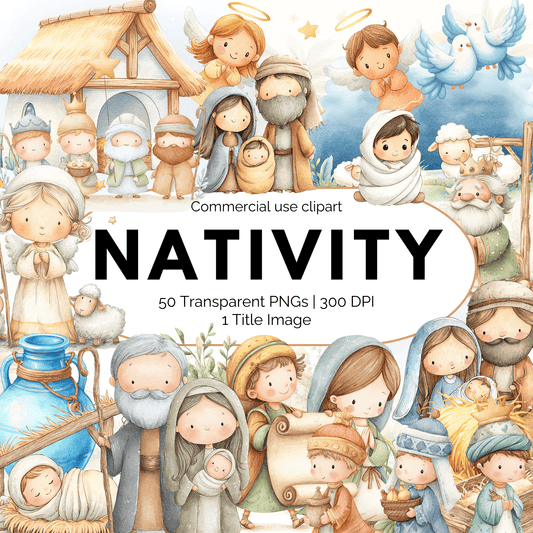 Nativity Watercolor Clipart Bundle | 50 Commercial Use Christmas PNGs