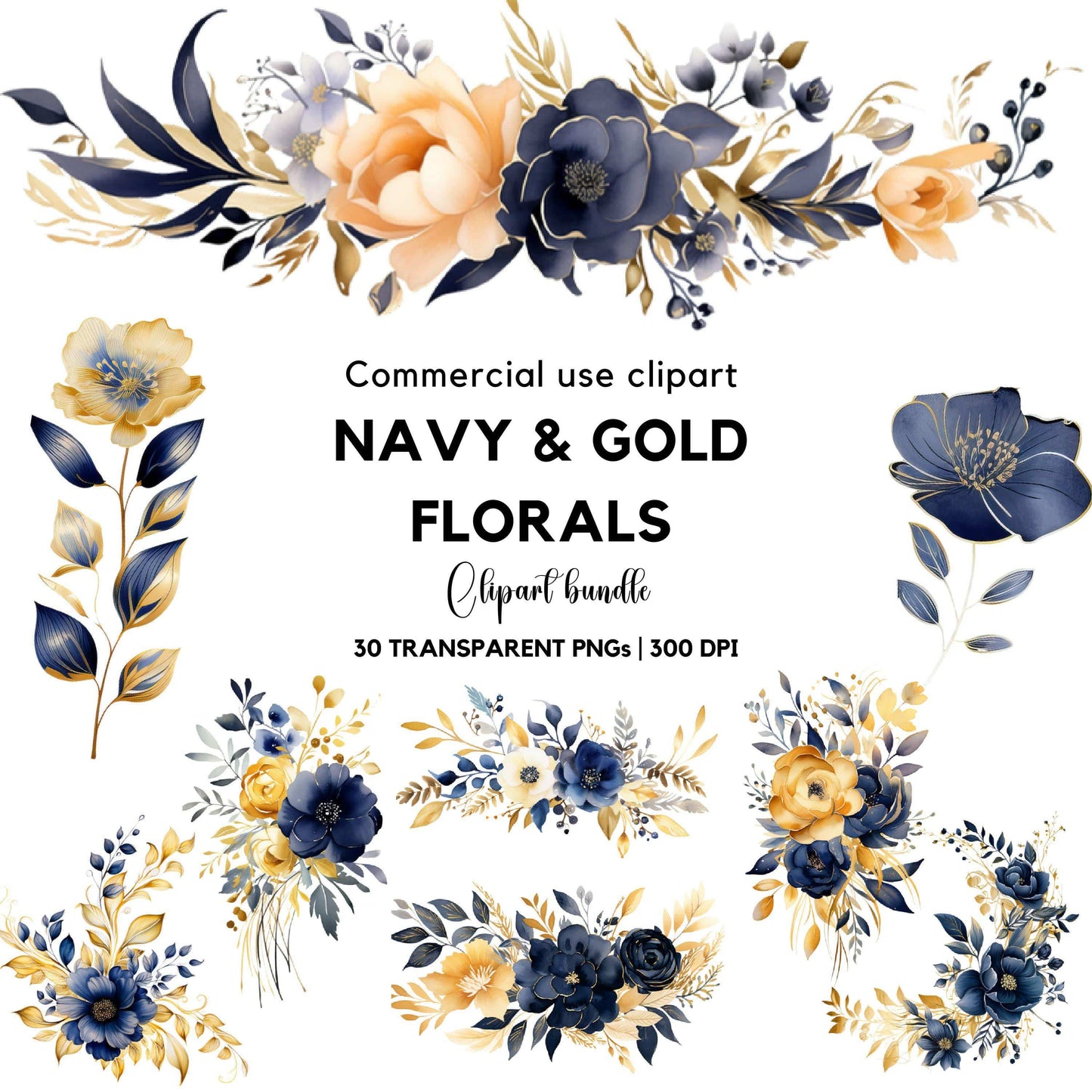 Navy and Gold floral Clipart