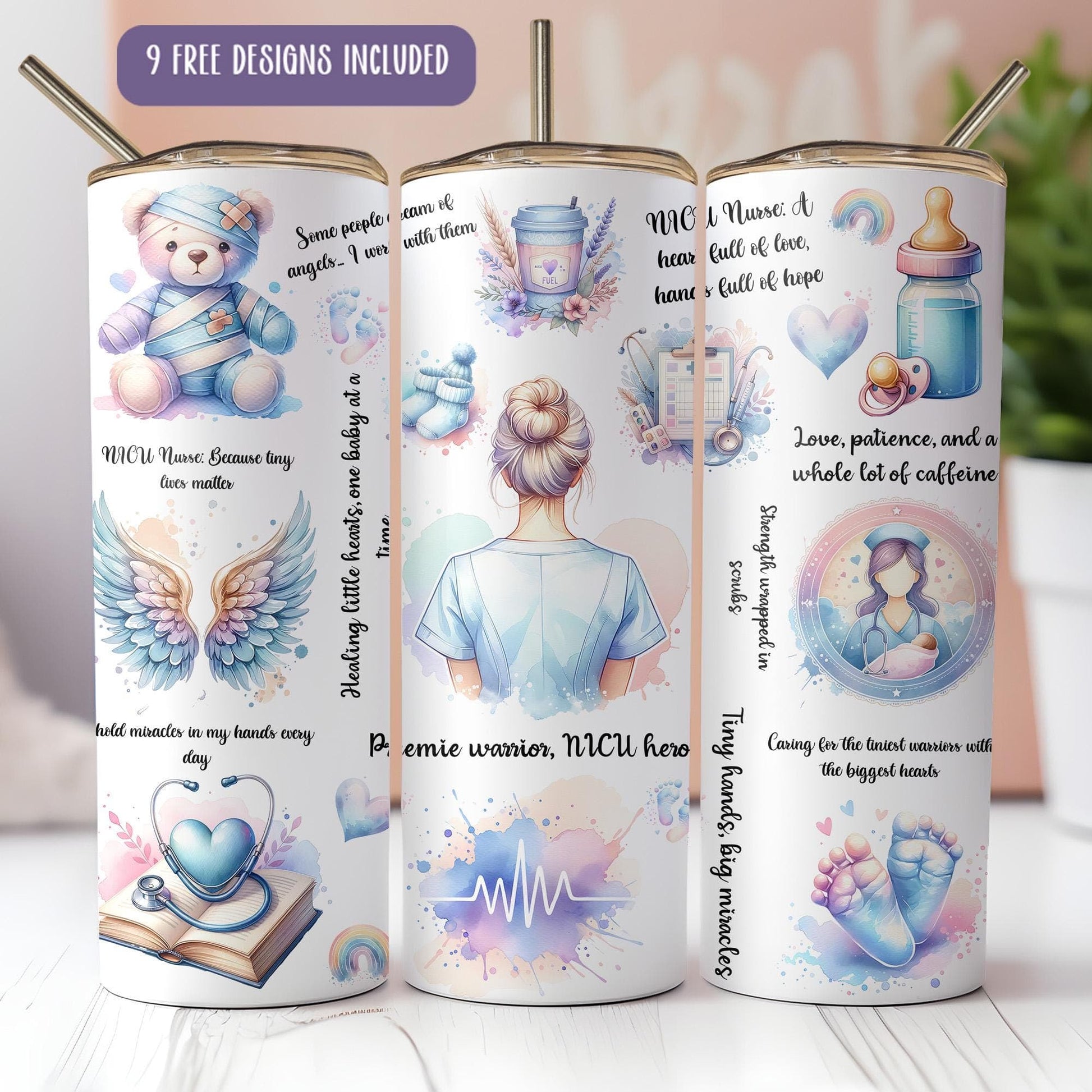 a set of three travel mugs with different designs on them