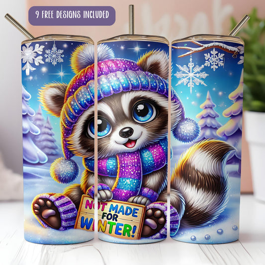 a picture of a raccoon wearing a winter hat and scarf