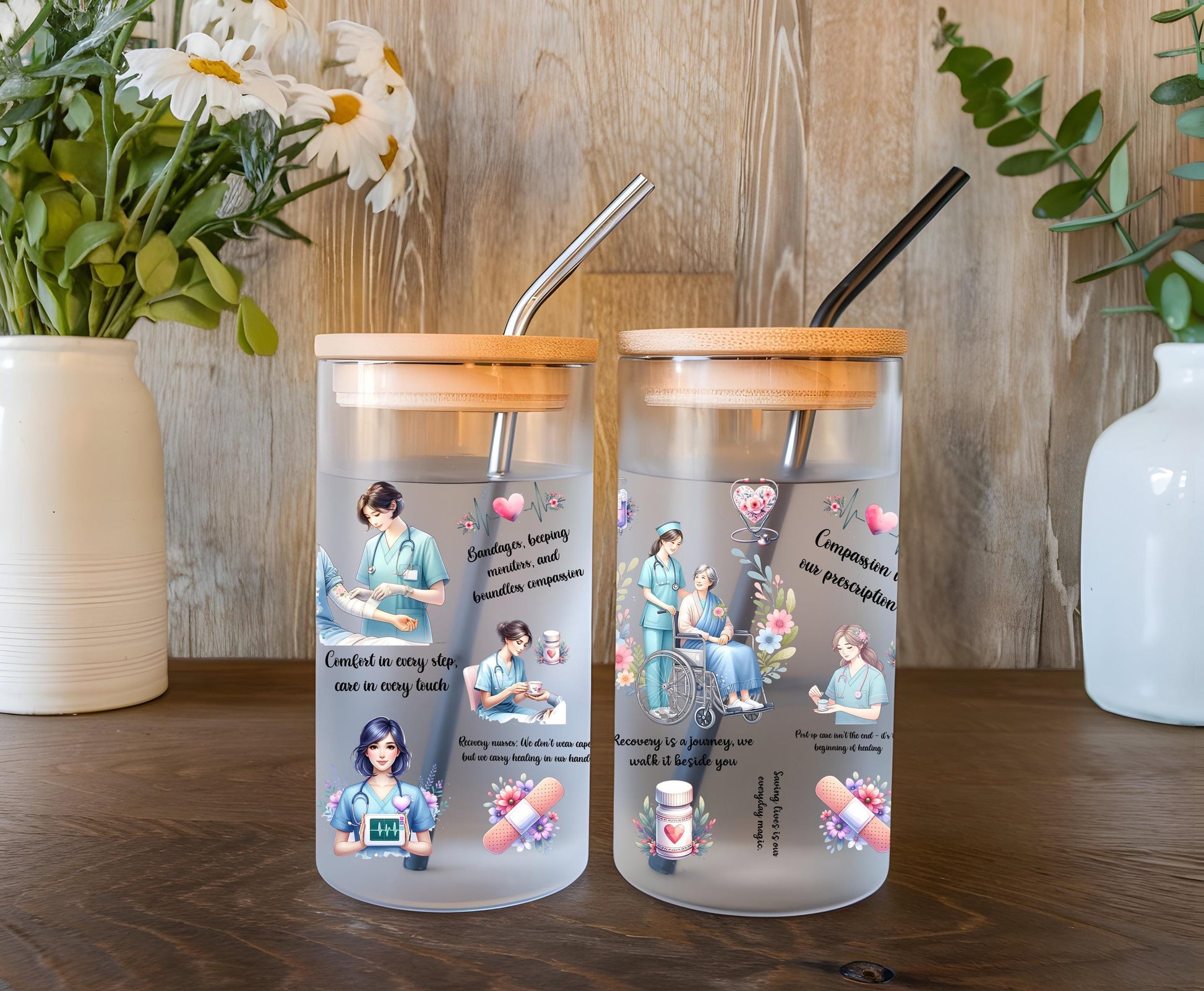 a couple of cups sitting on top of a wooden table