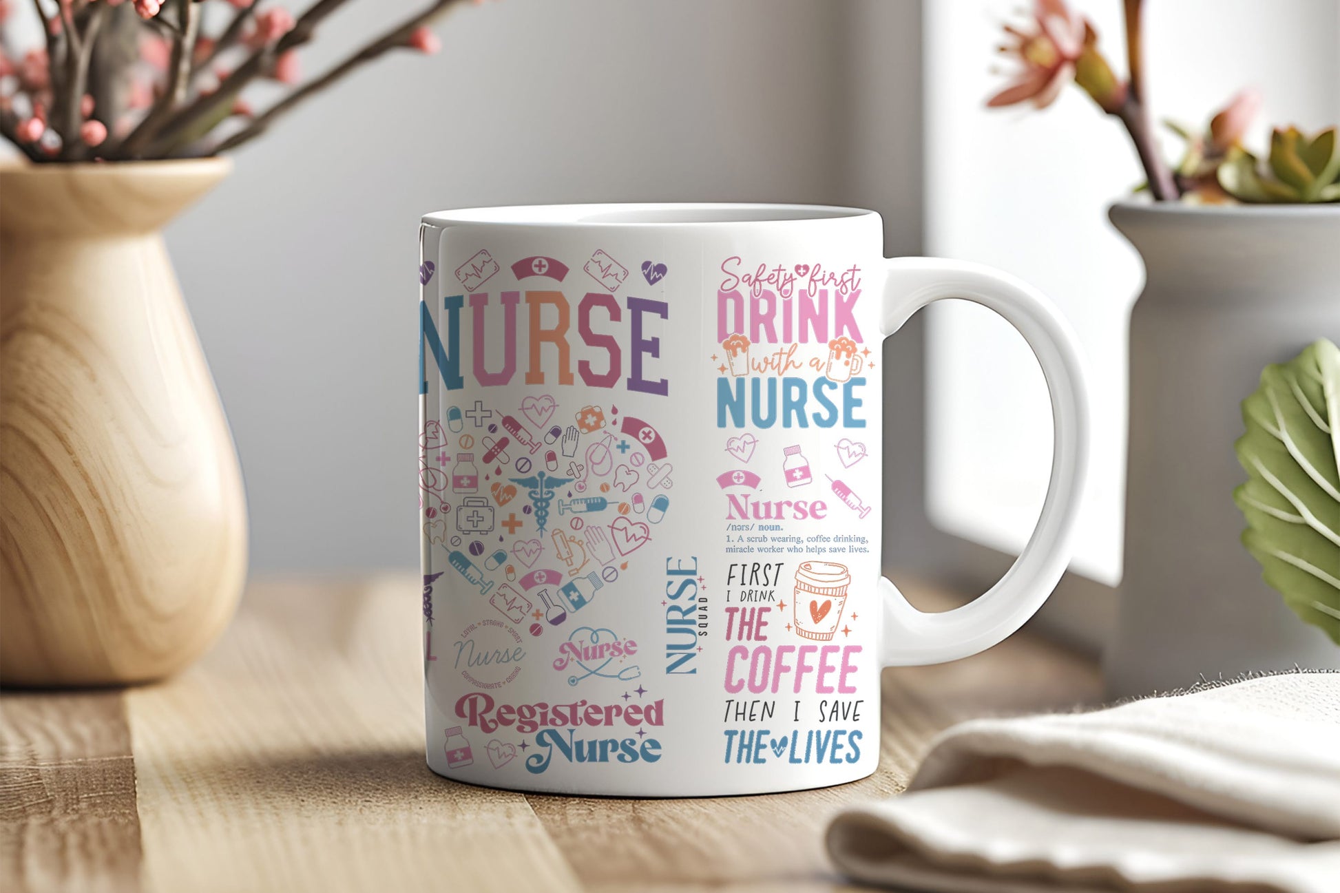 a white coffee mug with nurse words on it