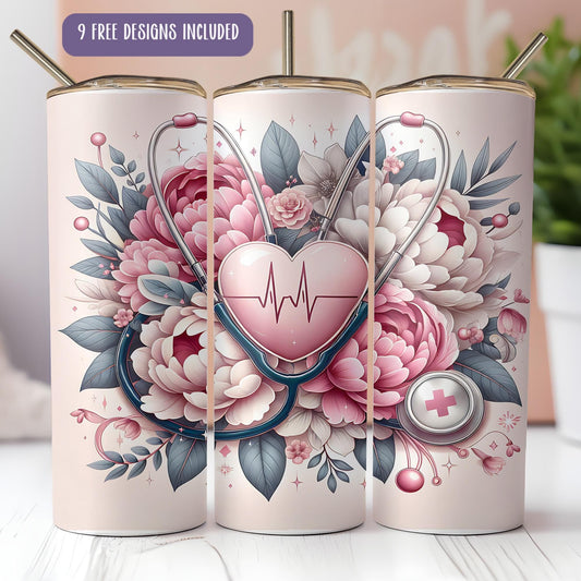a set of three travel mugs with flowers and a stethoscope
