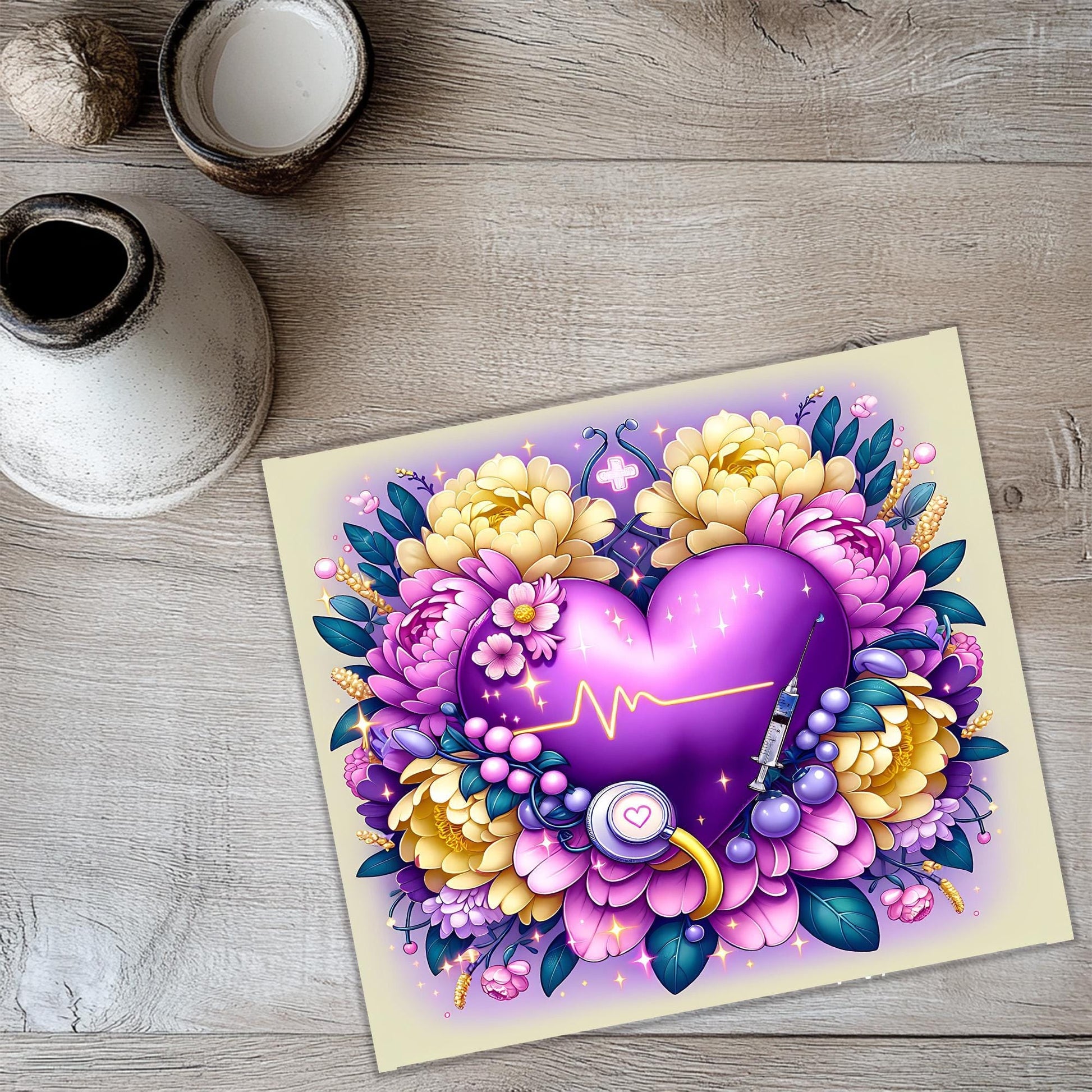 a card with a purple heart surrounded by flowers